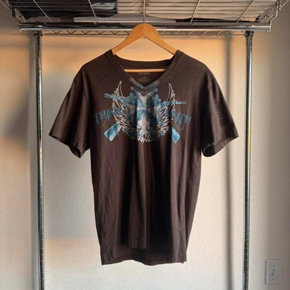 Vintage Y2K 2000s Express Brown and Blue‎ Graphic Tee with a Grunge Graphic